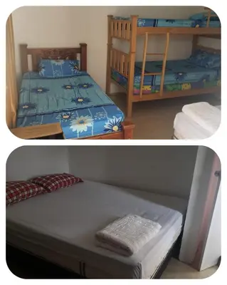two pictures of a bedroom with a bed and bunk beds at CABAÑA el EDEN in Santa Veronica