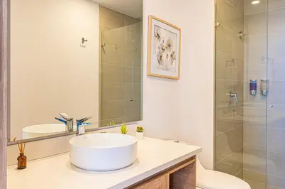 a bathroom with a sink and a shower at Exclusive 2BR en Morros Eos with Pool & Parking in Cartagena de Indias
