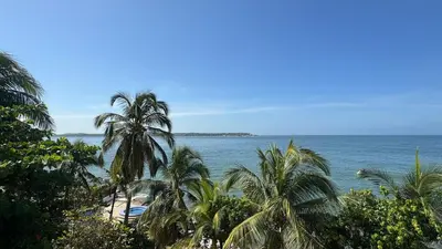 a view of a beach with palm trees and the ocean at Acogedor espacio familiar in Cartagena de Indias