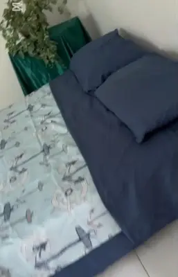 a bed with a blue comforter and blue pillows at Apartamentos Puerto Colombia Atlántico-Sabanilla in Maizal