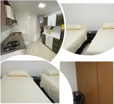 three pictures of a hotel room with two beds at Piezas en arriendo Barranquilla in Barranquilla