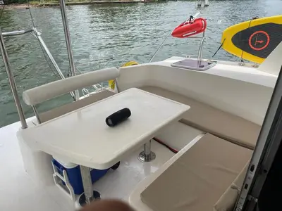 a small white table in the back of a boat at Catamaran in Cartagena Bay in Cartagena de Indias