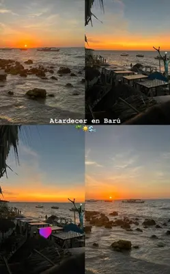 a collage of four pictures of the sunset on the beach at Coco Cabaña Barú in Cartagena de Indias
