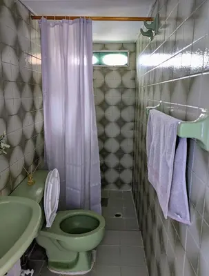 a bathroom with a green toilet and a sink at Carnival Hostel BAQ in Barranquilla