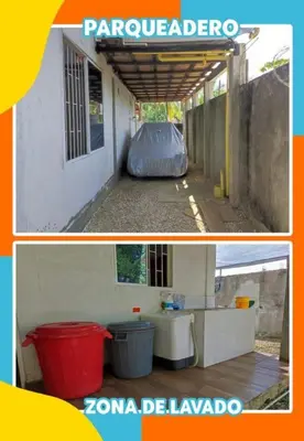 two pictures of a building with a tent and two buckets at Cabaña y Hospedaje Las Gaviotas in Moñitos