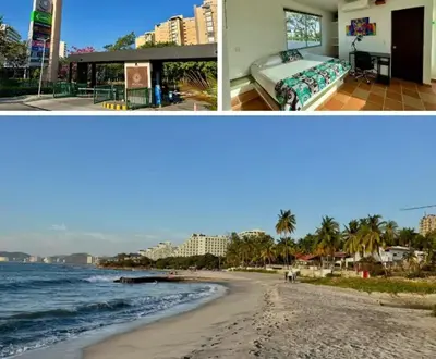 two pictures of a beach with a bed and a building at Vive el Lujo Caribeño - Mansión Premium con Piscina Privada y Vista al Mar in Santa Marta
