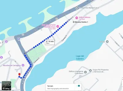 a map of a bus route with a blue line at Now booking April! Walking to City Center 2 BDRM in Cartagena de Indias