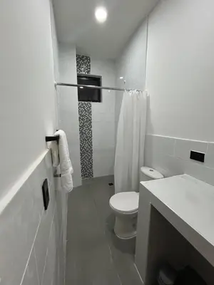 a white bathroom with a toilet and a sink at Hotel Porton De La Sabana in San Onofre