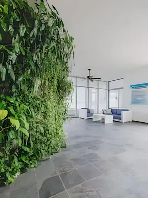 an office with a green wall with couches and plants at Ocean View Loft Altamar in Cartagena de Indias