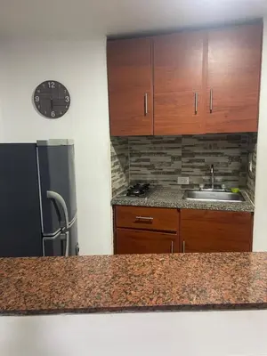 a kitchen with wooden cabinets and a sink and a refrigerator at Marea Laguito Apartamentos Cartagena in Cartagena de Indias