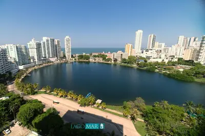 a large body of water in a city with buildings at Marea Laguito Apartamentos Cartagena in Cartagena de Indias