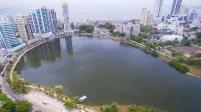 an aerial view of a bridge over a river in a city at Apartamento 1904 El Laguito in Cartagena de Indias