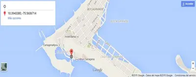a map of the beach with a red dot at Edificio Nuevo Conquistador in Cartagena de Indias