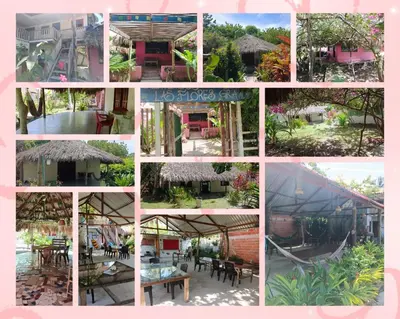 a collage of photos of a building with a house at ECOHOTEL LAS FLORES Econativo in Isla Grande