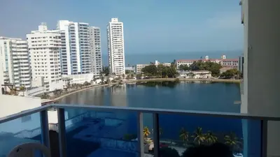 a view of a large swimming pool on the balcony of a building at Apartamento Playero in Cartagena de Indias