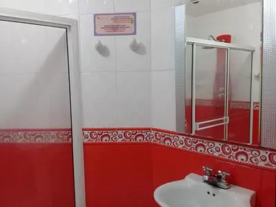 a red and white bathroom with a sink and a mirror at Hotel Dainner in Plato