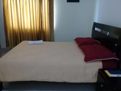 a bedroom with a large bed with red pillows at Hotel Dainner in Plato