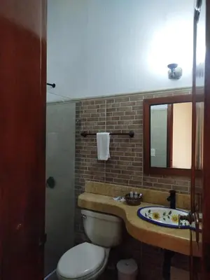 a bathroom with a toilet and a sink and a mirror at Casa Del Curato in Cartagena de Indias
