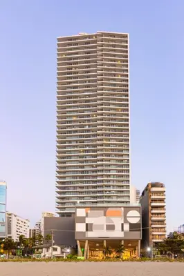 a tall building in front of a large building at 41st Fl Beach Condo in Bocagrande in Cartagena de Indias