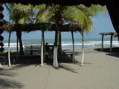 a bench on the beach with palm trees and the ocean at El palmar azul in San Bernardo del Viento