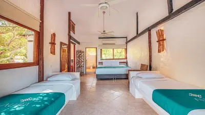 a room with three beds in it with a window at Aura Hotel Barú in Baru