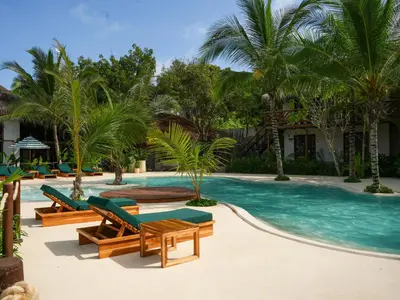 a swimming pool with chaise lounge chairs and palm trees at Aura Hotel Barú in Baru