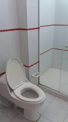 a bathroom with a toilet and a shower at Cabaña Villa Flower Gold in Juan de Acosta
