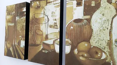 two paintings of a kitchen with a bowl of fruit at Apartamento Aeromar, Santa Marta in Santa Marta