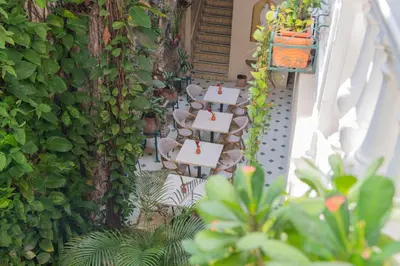 a patio with chairs and plants on a wall at Hotel Casa La Fe in Cartagena de Indias