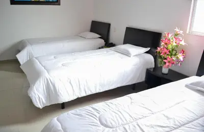a hotel room with three beds and a vase of flowers at Hotel Continental Express in Barranquilla