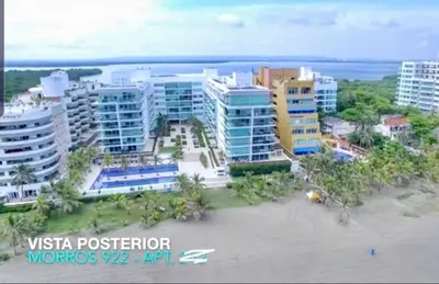 an aerial view of a city with tall buildings at Cartagena vista directa al mar amplio apt con terraza privada in Cartagena de Indias