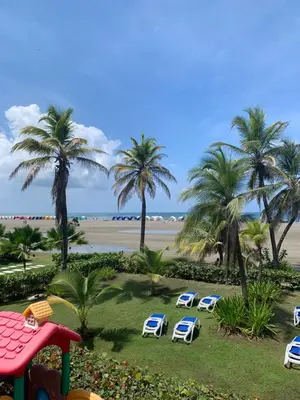 a view of a beach with palm trees and chairs at Apartamento Confort Frente a la Playa en Cartagena! in Cartagena de Indias