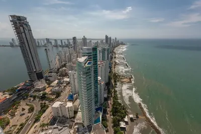 an aerial view of a city and the ocean at MURANO ELITE NEW OCEAN FRONT DUPLEx in Cartagena de Indias