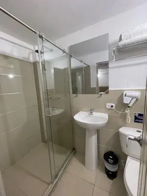 a bathroom with a shower and a sink and a toilet at Hotel Hernández CTG in Cartagena de Indias