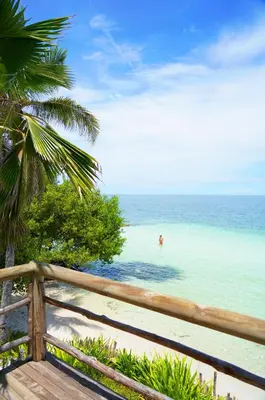 a beach with a wooden fence and the ocean at Casa Tinti in Tintipan Island