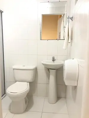 a white bathroom with a toilet and a sink at Hotel Balcones de Bocagrande in Cartagena de Indias