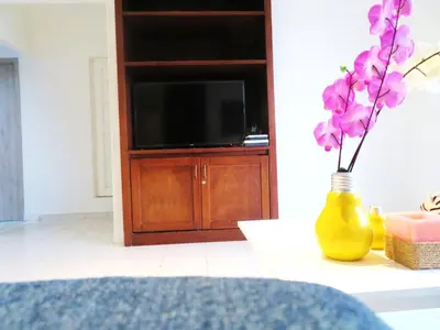 a yellow vase with purple flowers in front of a tv at SAN JACINTO HOSTEL in Cartagena de Indias