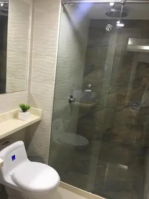a bathroom with a shower with a toilet and a sink at apartamento 807 moderno en el laguito, vista al mar in Cartagena de Indias