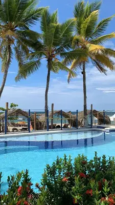 a swimming pool with palm trees in the background at Hotel Portobello in Coveñas