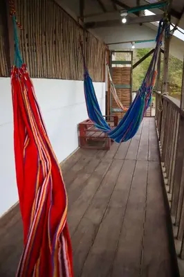 two hammocks hanging in a room with wooden floors at PALOMAR EcoCabaña in Santa Veronica