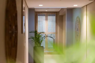 a hallway with a potted plant in front of a window at Apartamentos casa Gimani in Cartagena de Indias