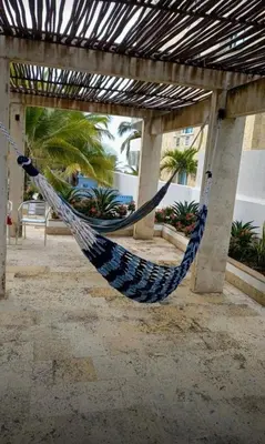 a hammock outside a building with palm trees at Vista directa al mar con amplia terraza y 3 habitaciones in Cartagena de Indias