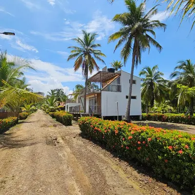 a dirt road in front of a house with palm trees at Casa Suite Palmar del viento FRENTE, FRENTE AL MAR by Amauna in Moñitos
