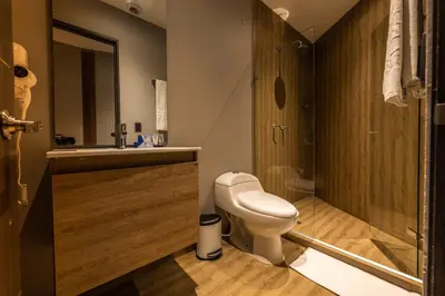 a bathroom with a toilet and a sink and a shower at The Blue Hotel in Cartagena de Indias