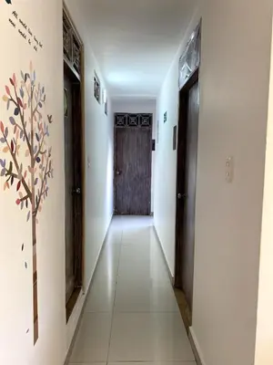 a hallway with a door and a tree on the wall at Luna Cartagena Airport Hotel in Cartagena de Indias