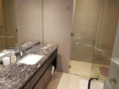 a bathroom with a sink and a shower at H2 Hyatt Vista Mar!! in Cartagena de Indias