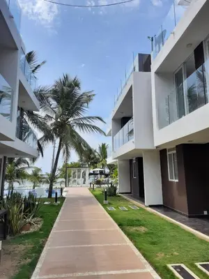 a walkway in front of a building with a palm tree at Loft 39 Casa de playa in Coveñas