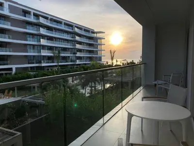 a balcony with a table and a view of a building at Serena del Mar, Morros IO in Cartagena de Indias