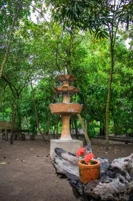 a fountain in a park with flowers in a pot at Cabañas Los Venaos in San Bernardo del Viento