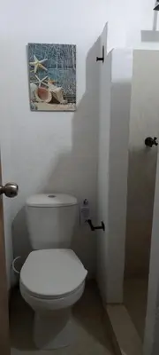 a bathroom with a toilet and a picture on the wall at La Coralina azul in San Bernardo del Viento